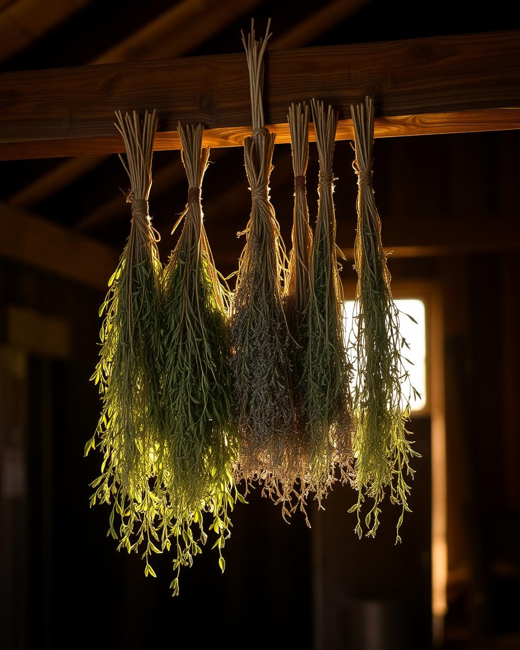 Bundles of dried herbs hanging from a wooden beam